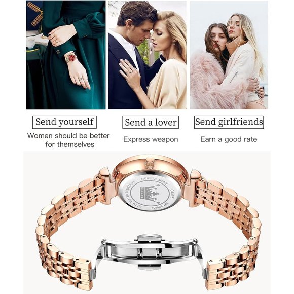 Women Rose Gold Stainless Steel Band Red Dial Quartz Small Face Waterproof Watch